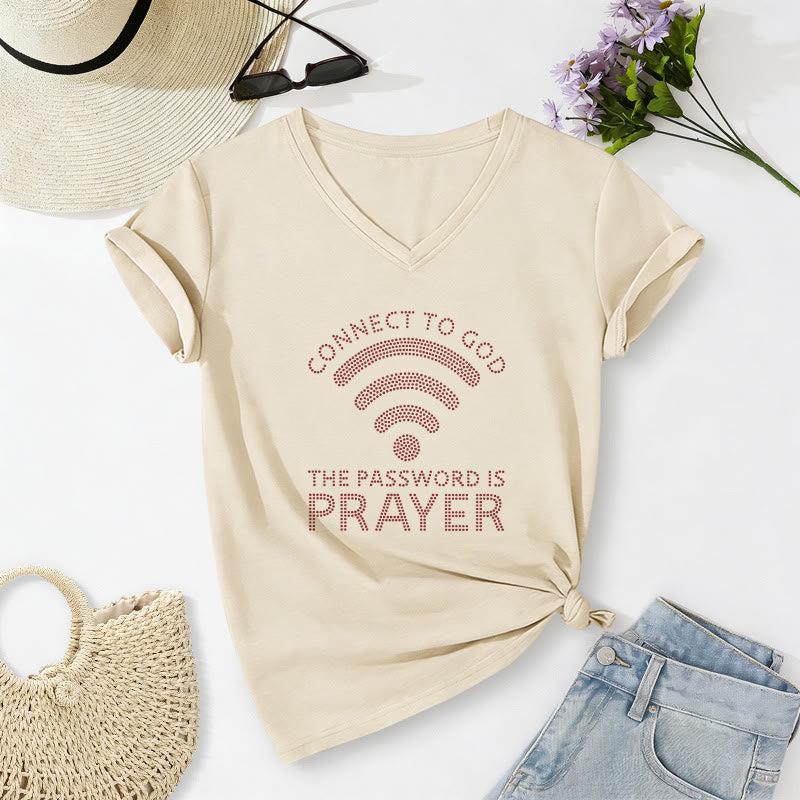 Christianartworkshop Connect To God Wifi Symbol The Password Is Prayer Faith Graphic Casual V-neck T-shirt - Beige - 2XL - image 2