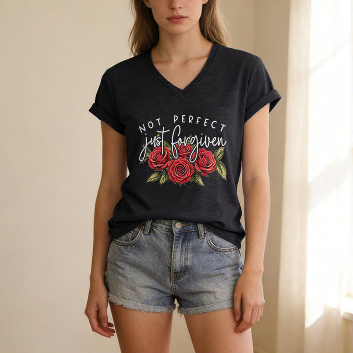 Christianartworkshop Not Perfect Just Forgiven Red Rose Bouquet Dual Font Floral Faith Graphic Casual V-neck T-shirt - image 3
