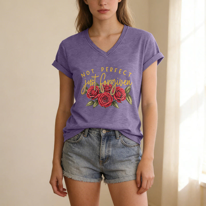 Christianartworkshop Not Perfect Just Forgiven Red Rose Bouquet Dual Font Floral Faith Graphic Casual V-neck T-shirt - image 7