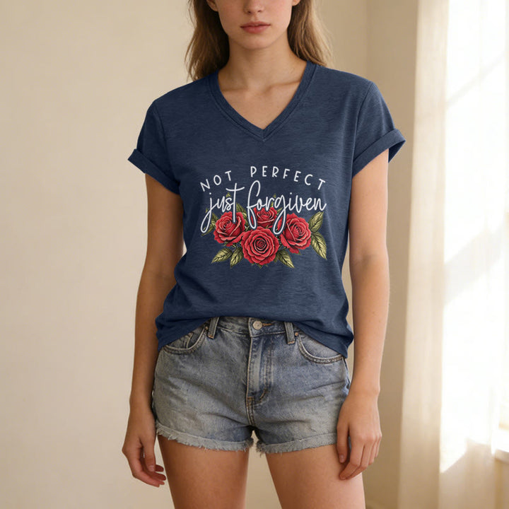 Christianartworkshop Not Perfect Just Forgiven Red Rose Bouquet Dual Font Floral Faith Graphic Casual V-neck T-shirt - image 11