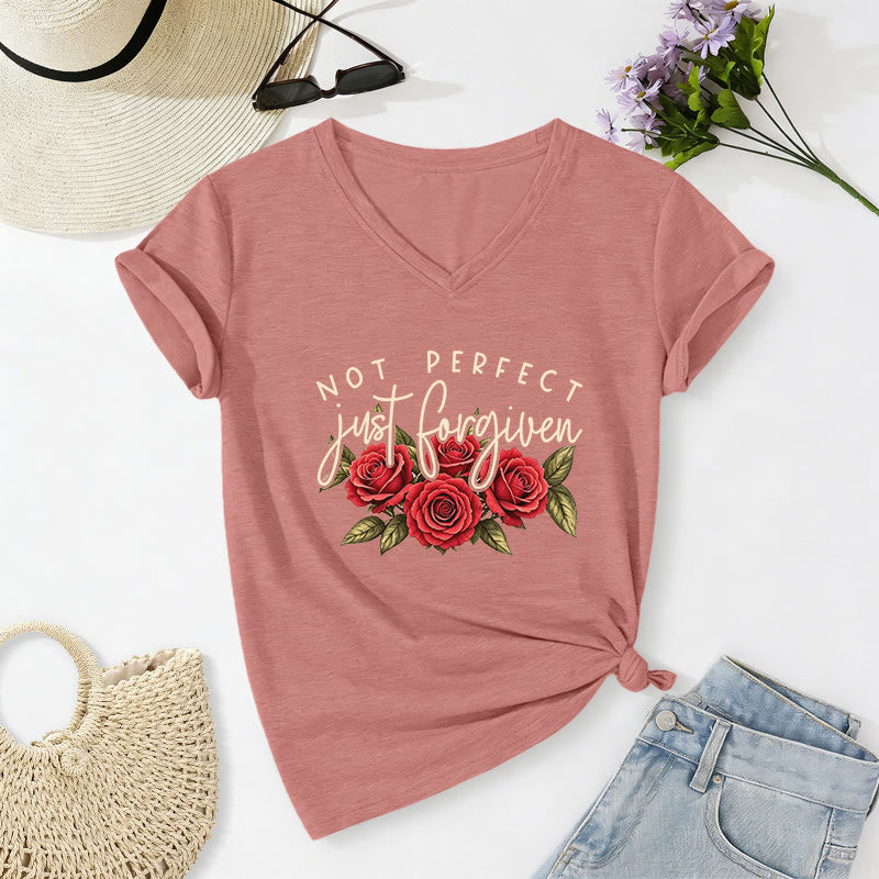 Christianartworkshop Not Perfect Just Forgiven Red Rose Bouquet Dual Font Floral Faith Graphic Casual V-neck T-shirt - Light Pink - 2XL - image 14