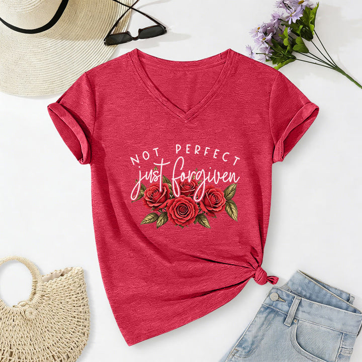 Christianartworkshop Not Perfect Just Forgiven Red Rose Bouquet Dual Font Floral Faith Graphic Casual V-neck T-shirt - Red - 2XL - image 4
