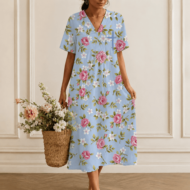 Christianartworkshop Summer Oversized Floral Print Cross Graphic V-Neck Short Sleeve Midi Dress - image 0
