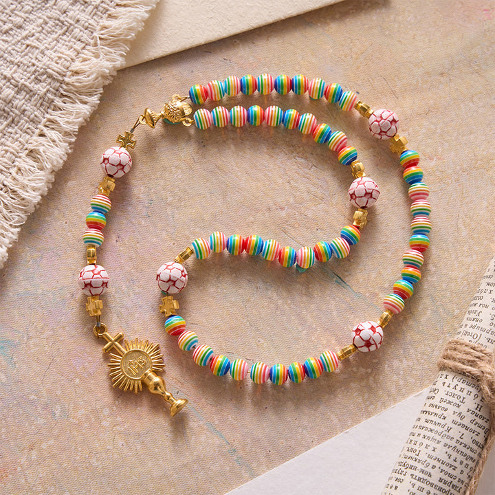 Christianartworkshop Rainbow Soccer Bead with Holy Grail & Monstrance Prayer Rosary - Soccer-Themed Rosary - image 0