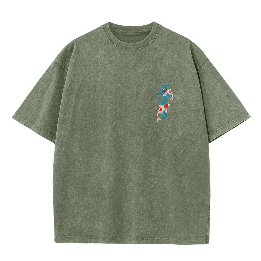 Christianartworkshop Curved Arch Wording Isaiah 43:2 Oriental Koi Floral Arrangement Dual Side Faith Washed Unisex T-Shirt - image 19