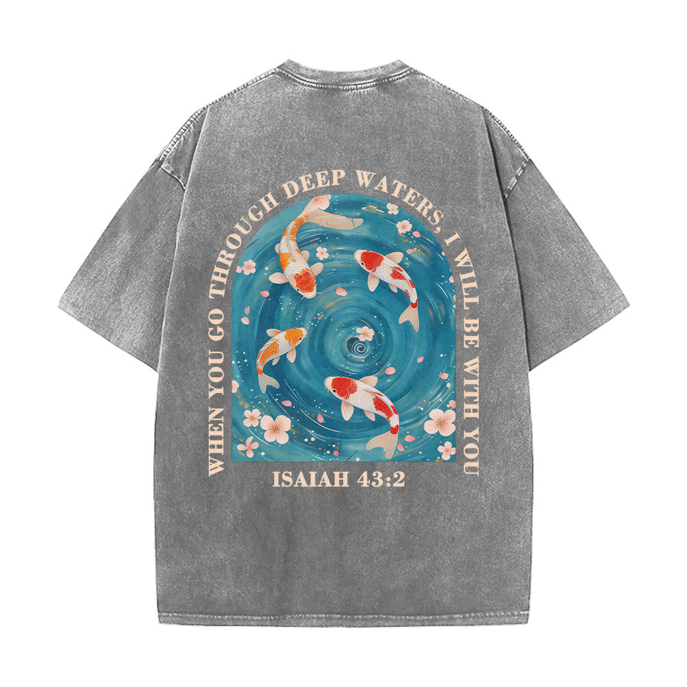 Christianartworkshop Curved Arch Wording Isaiah 43:2 Oriental Koi Floral Arrangement Dual Side Faith Washed Unisex T-Shirt - image 26