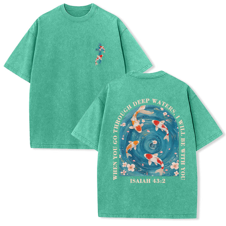 Christianartworkshop Curved Arch Wording Isaiah 43:2 Oriental Koi Floral Arrangement Dual Side Faith Washed Unisex T-Shirt - Green - 5XL - image 3