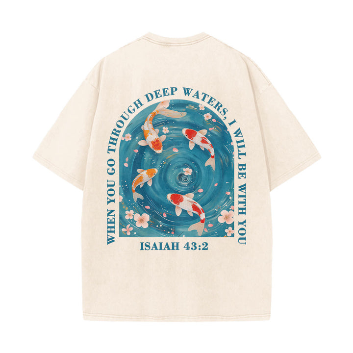 Christianartworkshop Curved Arch Wording Isaiah 43:2 Oriental Koi Floral Arrangement Dual Side Faith Washed Unisex T-Shirt - image 2