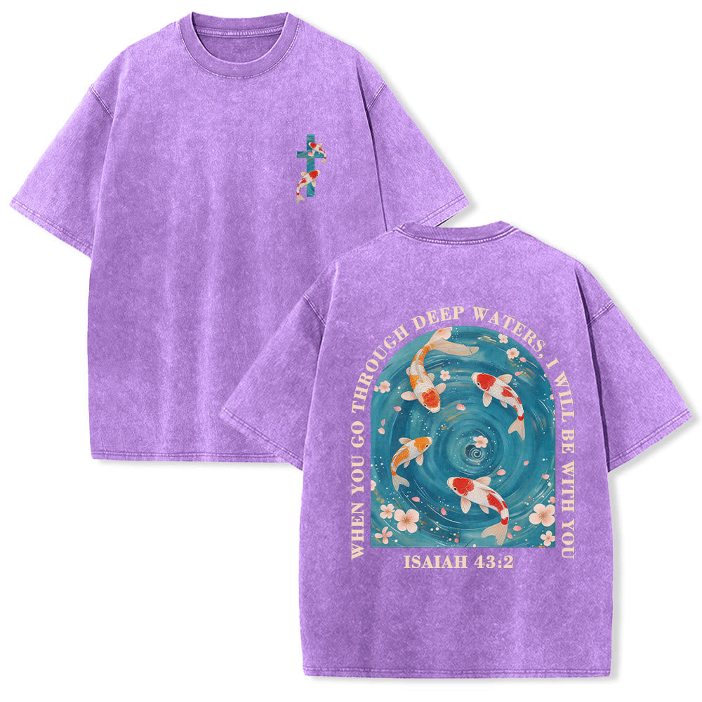 Christianartworkshop Curved Arch Wording Isaiah 43:2 Oriental Koi Floral Arrangement Dual Side Faith Washed Unisex T-Shirt - Purple - 5XL - image 6