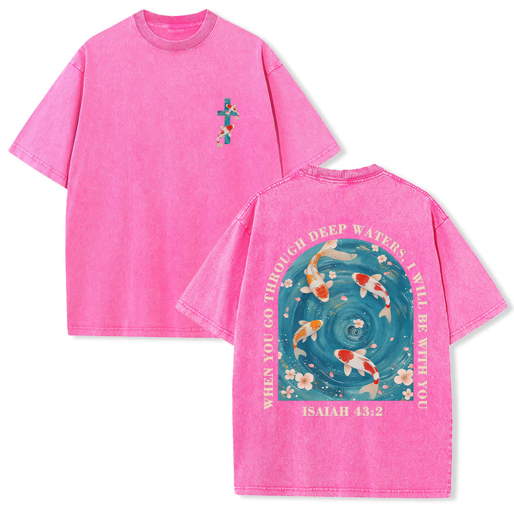 Christianartworkshop Curved Arch Wording Isaiah 43:2 Oriental Koi Floral Arrangement Dual Side Faith Washed Unisex T-Shirt - Pink - 5XL - image 12