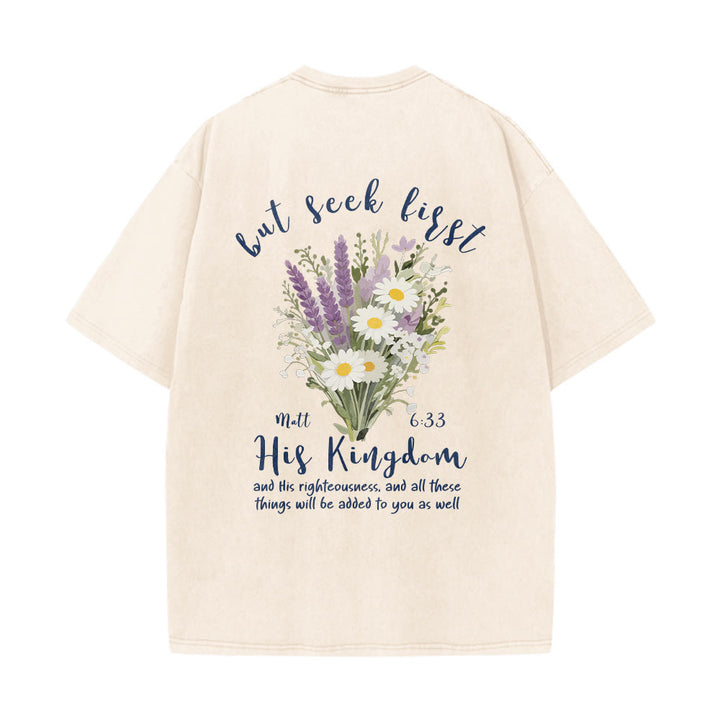 Christianartworkshop Tiny Lavender Daisy Bouquet Large Back Floral Arrangement Inspirational Verse Washed T-Shirt - image 5