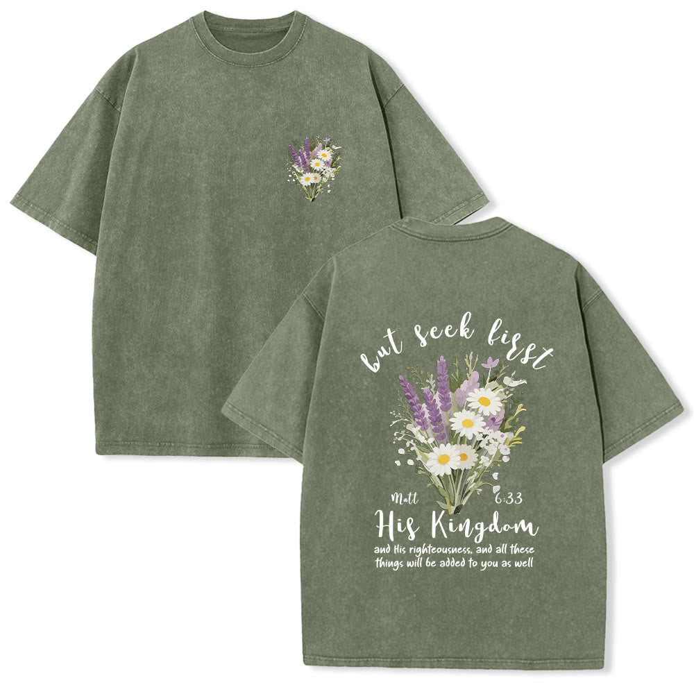 Christianartworkshop Tiny Lavender Daisy Bouquet Large Back Floral Arrangement Inspirational Verse Washed T-Shirt - Army Green - 5XL - image 21
