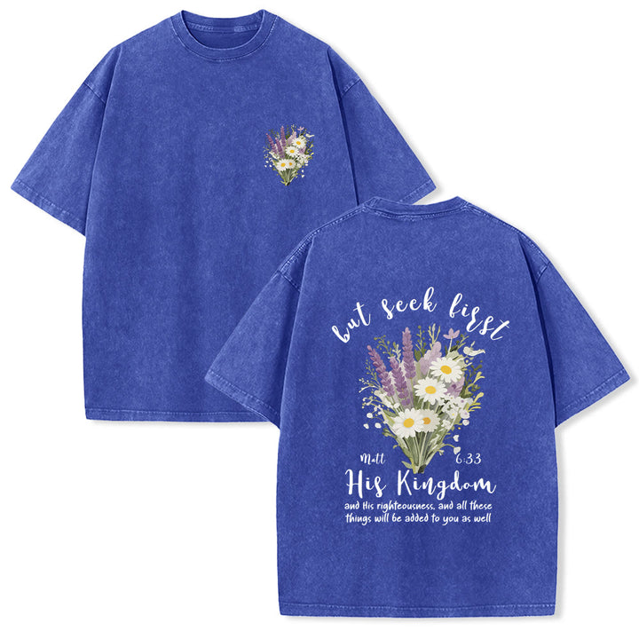 Christianartworkshop Tiny Lavender Daisy Bouquet Large Back Floral Arrangement Inspirational Verse Washed T-Shirt - Blue - 5XL - image 18