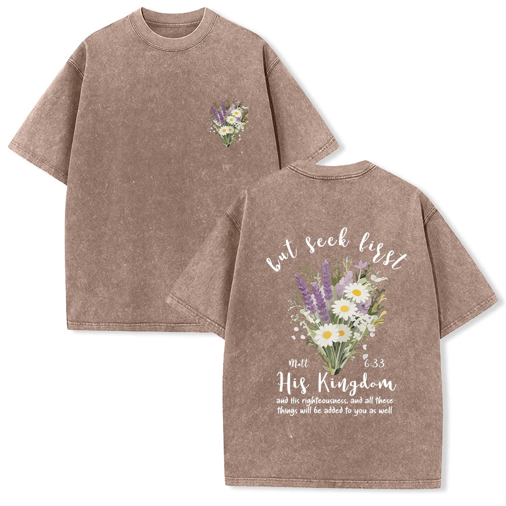Christianartworkshop Tiny Lavender Daisy Bouquet Large Back Floral Arrangement Inspirational Verse Washed T-Shirt - Brown - 5XL - image 0
