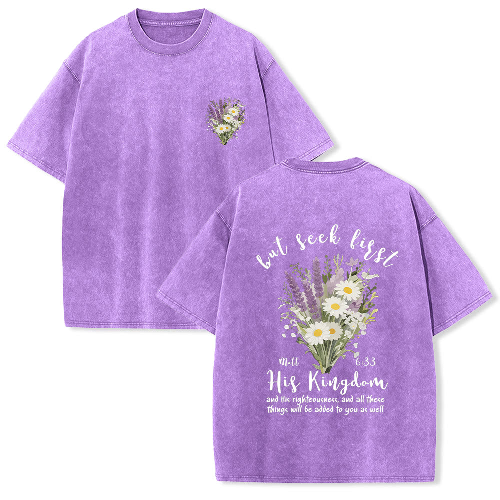 Christianartworkshop Tiny Lavender Daisy Bouquet Large Back Floral Arrangement Inspirational Verse Washed T-Shirt - Purple - 5XL - image 9