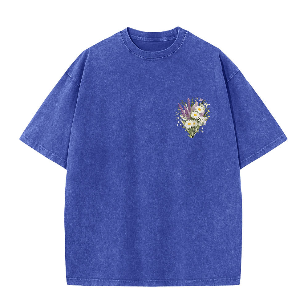 Christianartworkshop Tiny Lavender Daisy Bouquet Large Back Floral Arrangement Inspirational Verse Washed T-Shirt - image 19