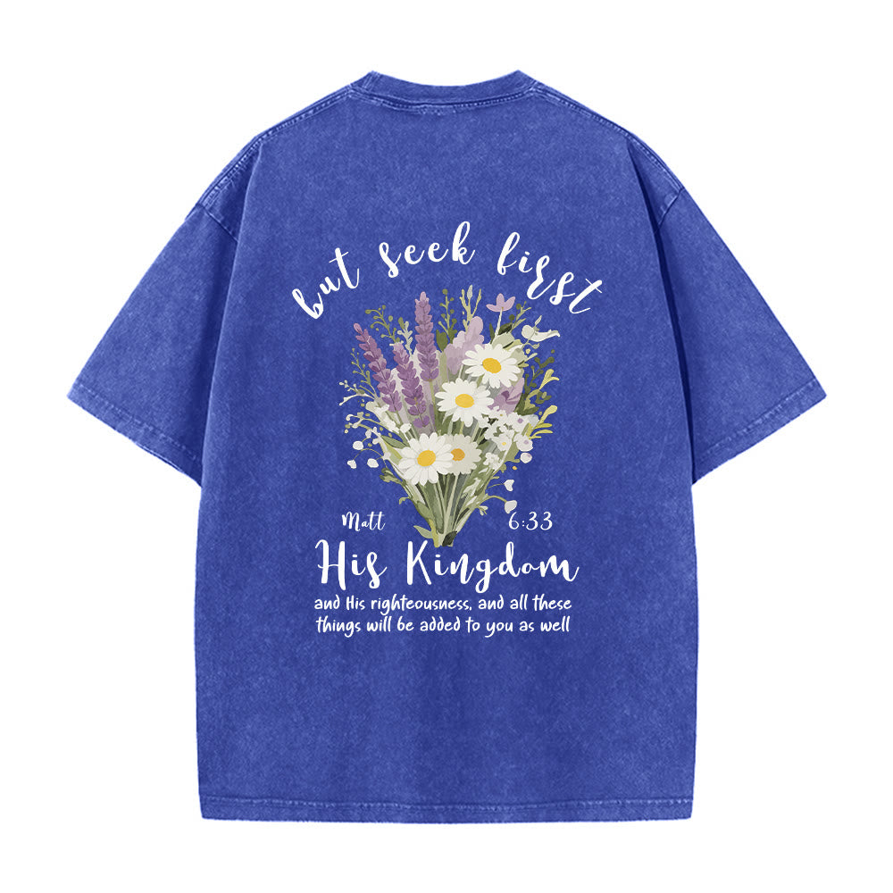 Christianartworkshop Tiny Lavender Daisy Bouquet Large Back Floral Arrangement Inspirational Verse Washed T-Shirt - image 20