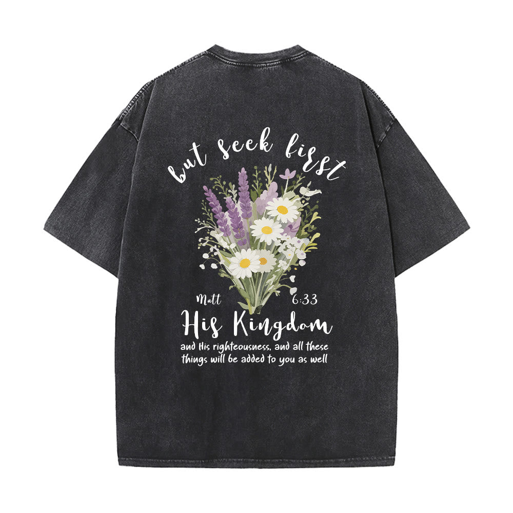 Christianartworkshop Tiny Lavender Daisy Bouquet Large Back Floral Arrangement Inspirational Verse Washed T-Shirt - image 14