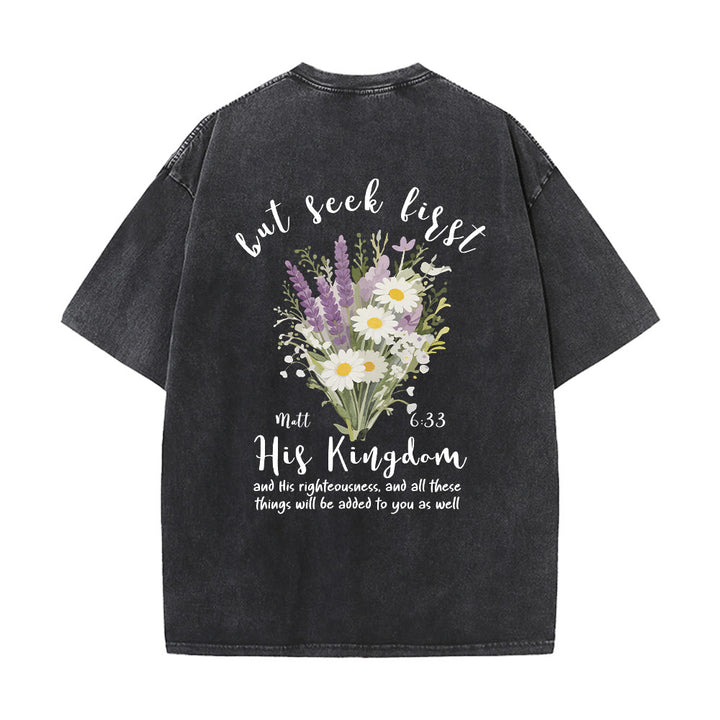 Christianartworkshop Tiny Lavender Daisy Bouquet Large Back Floral Arrangement Inspirational Verse Washed T-Shirt - image 14