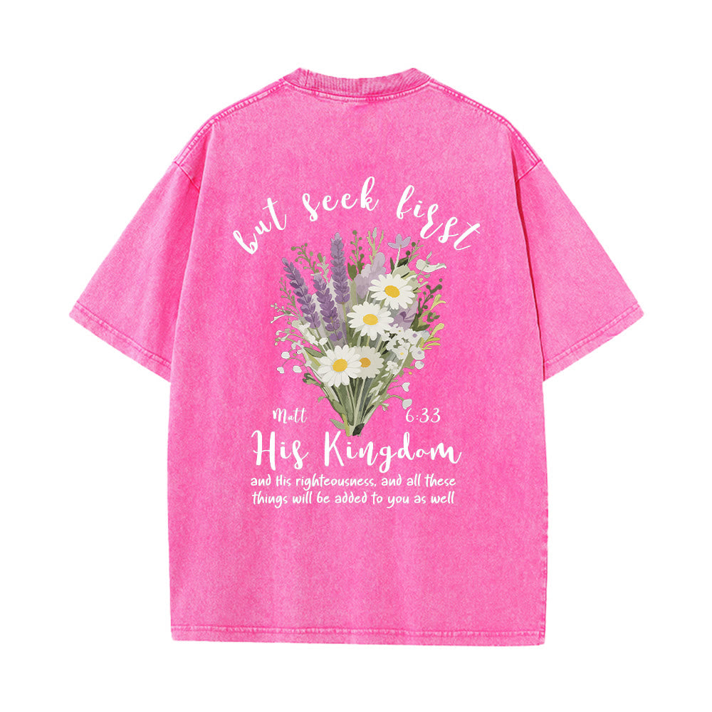 Christianartworkshop Tiny Lavender Daisy Bouquet Large Back Floral Arrangement Inspirational Verse Washed T-Shirt - image 17