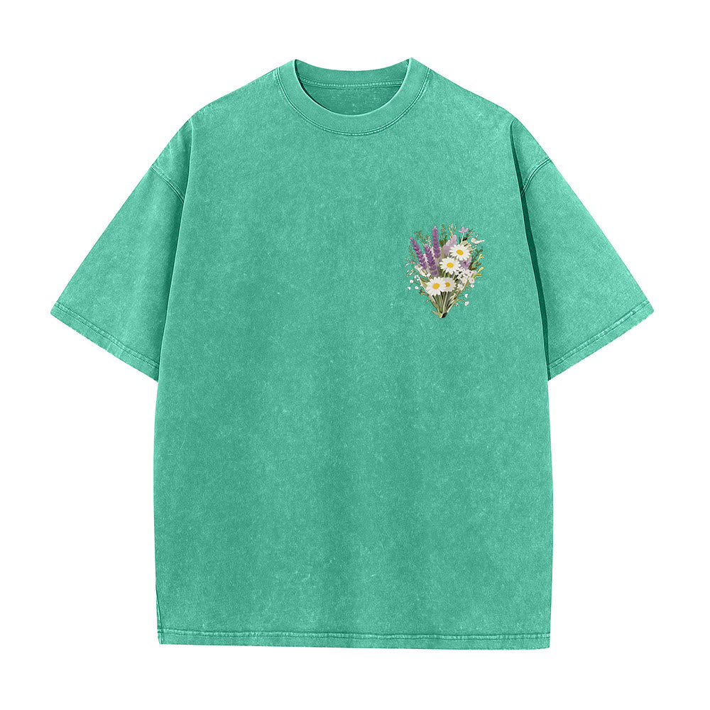 Christianartworkshop Tiny Lavender Daisy Bouquet Large Back Floral Arrangement Inspirational Verse Washed T-Shirt - image 7
