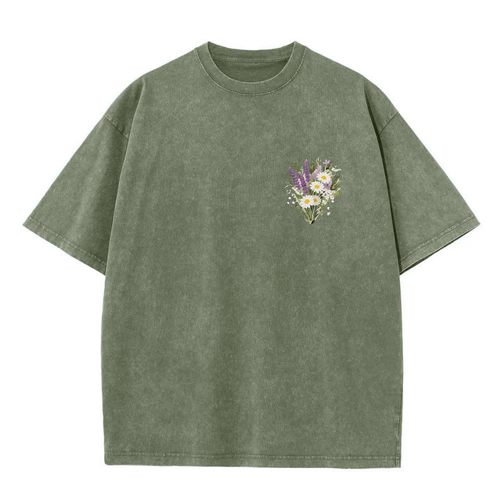 Christianartworkshop Tiny Lavender Daisy Bouquet Large Back Floral Arrangement Inspirational Verse Washed T-Shirt - image 22
