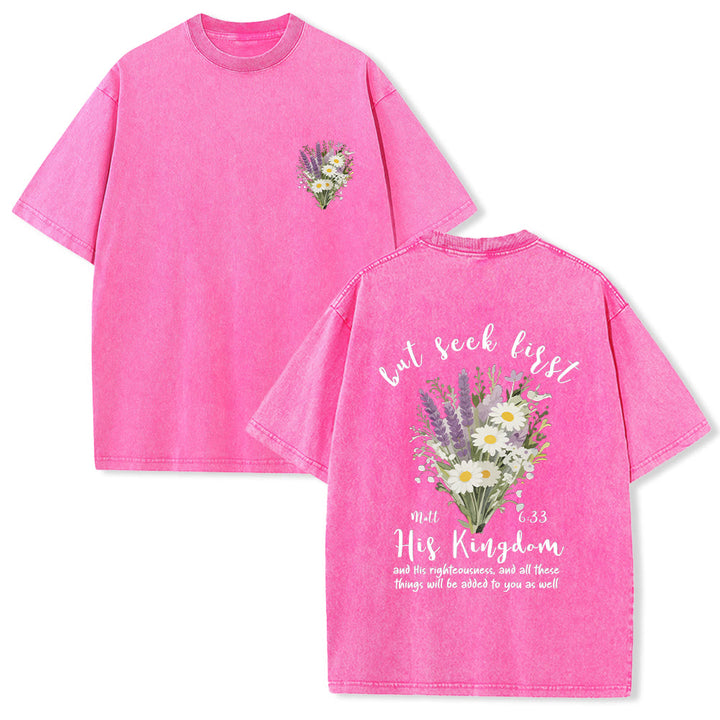 Christianartworkshop Tiny Lavender Daisy Bouquet Large Back Floral Arrangement Inspirational Verse Washed T-Shirt - Pink - 5XL - image 15
