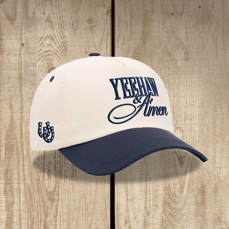 Christianartworkshop Western Style Bold Block & Cursive Script Front Embroidery Horseshoe Accent Adjustable Baseball Cap - Navy Blue - image 0