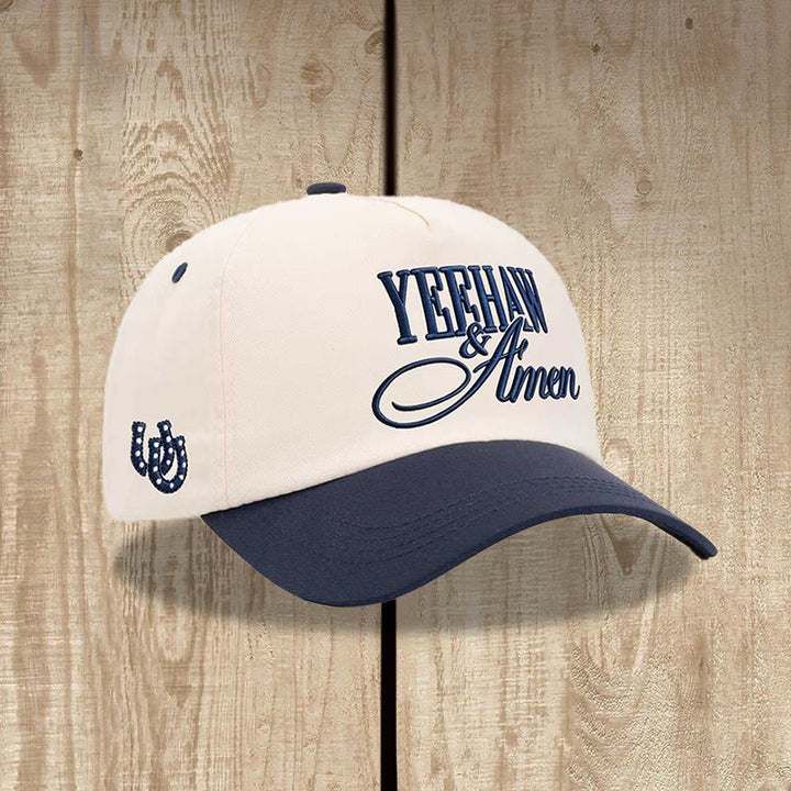 Christianartworkshop Western Style Bold Block & Cursive Script Front Embroidery Horseshoe Accent Adjustable Baseball Cap - Navy Blue - image 0