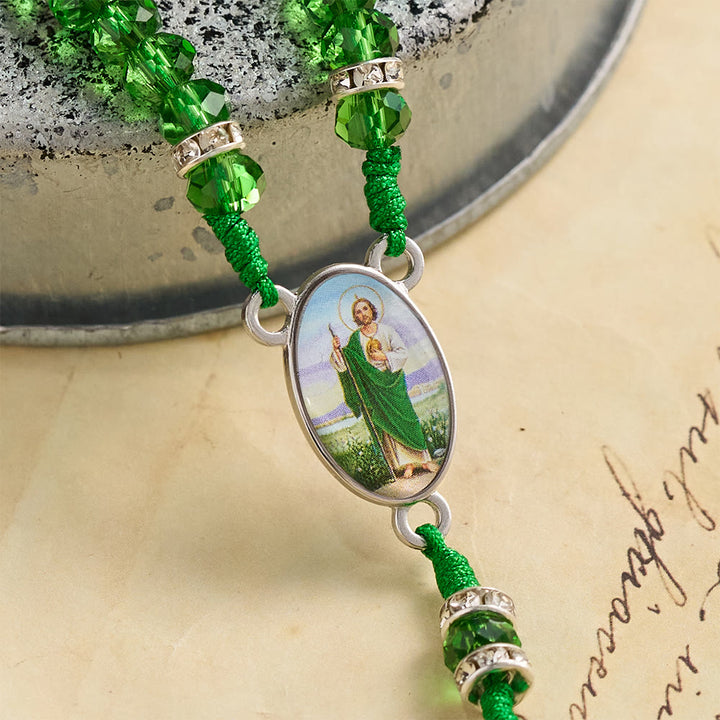 Christianartworkshop Emerald Transparent Round Bead Rosary With St. Patrick Saint Portrait Plaques & INRI Crucifix - image 3