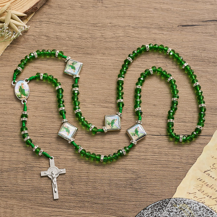 Christianartworkshop Emerald Transparent Round Bead Rosary With St. Patrick Saint Portrait Plaques & INRI Crucifix - image 1