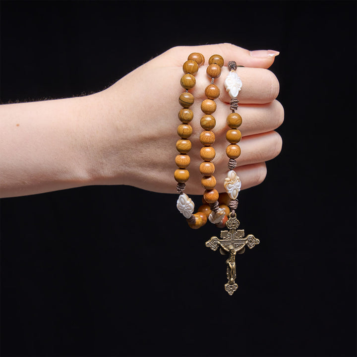 Christianartworkshop Natural Green Sandalwood Bead Cord Rosary With St.Benedict Medal Floral Frame Crucifix - image 1