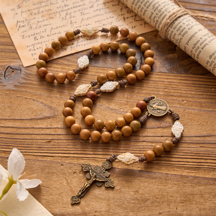 Christianartworkshop Natural Green Sandalwood Bead Cord Rosary With St.Benedict Medal Floral Frame Crucifix - image 3