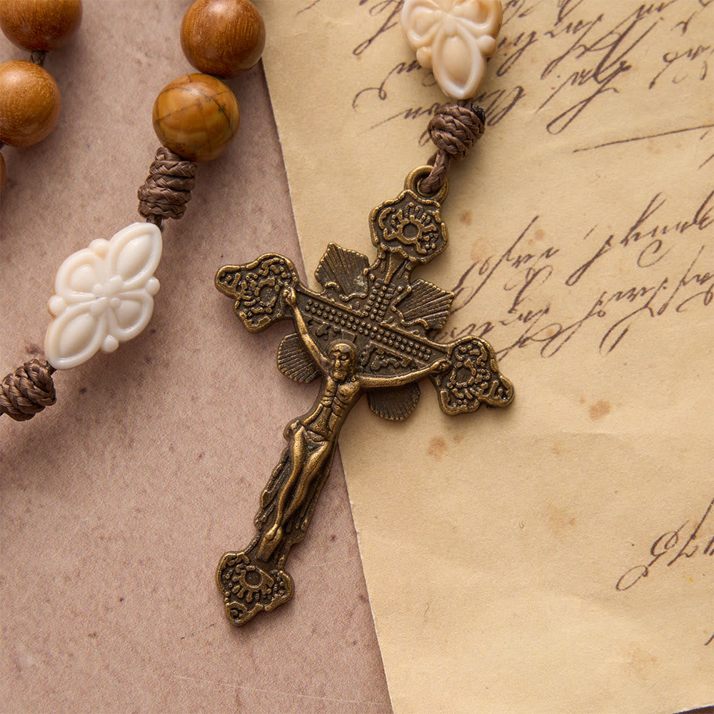 Christianartworkshop Natural Green Sandalwood Bead Cord Rosary With St.Benedict Medal Floral Frame Crucifix - image 7