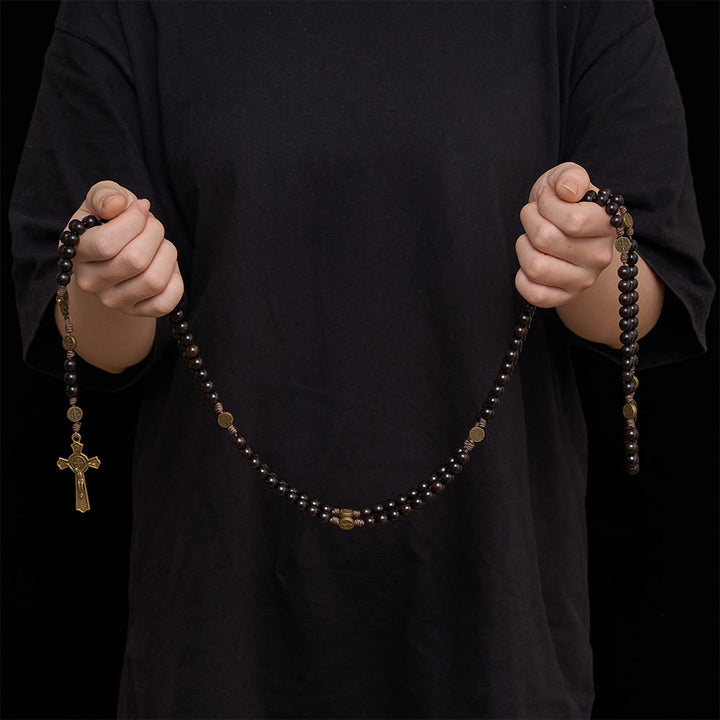 Christianartworkshop 15 Decade Polished Ebony Wood Bead Full St.Benedict Engraved Rosary - image 1