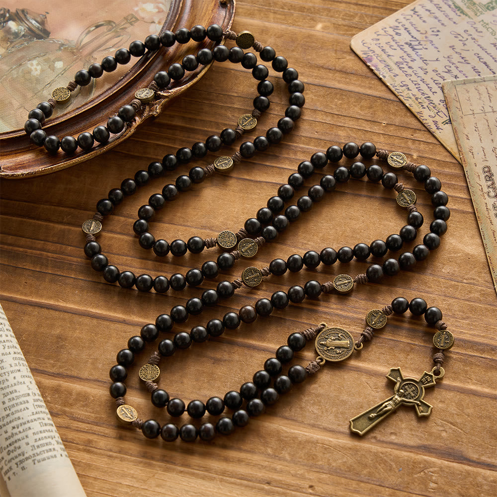 Christianartworkshop 15 Decade Polished Ebony Wood Bead Full St.Benedict Engraved Rosary - 15 Decade Rosary - image 0
