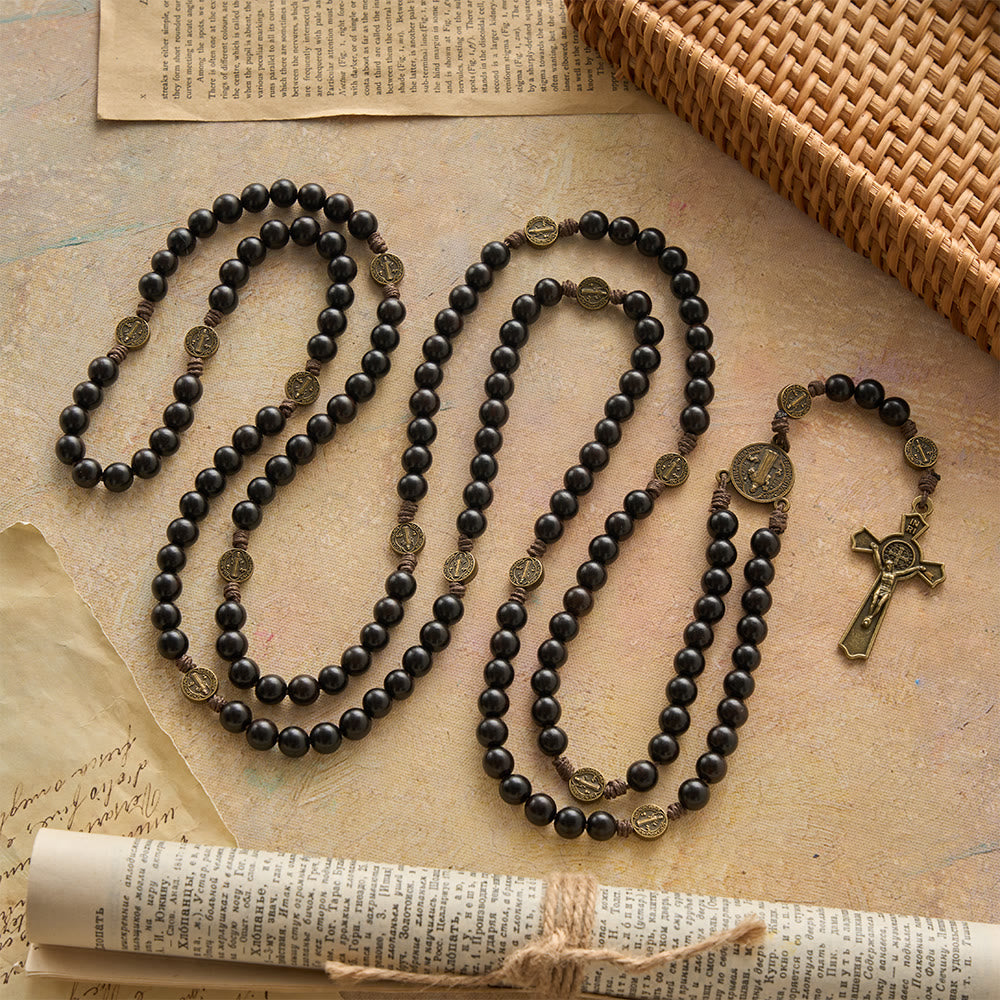 Christianartworkshop 15 Decade Polished Ebony Wood Bead Full St.Benedict Engraved Rosary - image 3