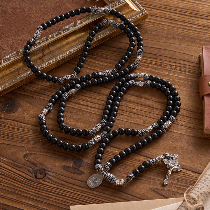 Christianartworkshop 15 Decade Paracord Matte Black Bead Carved Floral Spacer Sacred Rosary - image 3