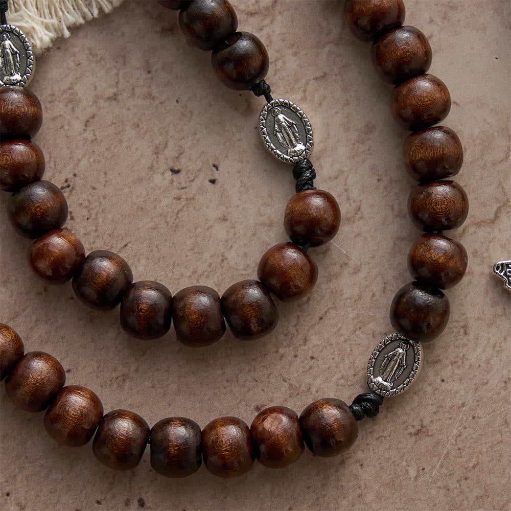 Christianartworkshop Polished Natural Wood Bead Floral Frame Our Lady & Carved Crucifix Rosary - image 5