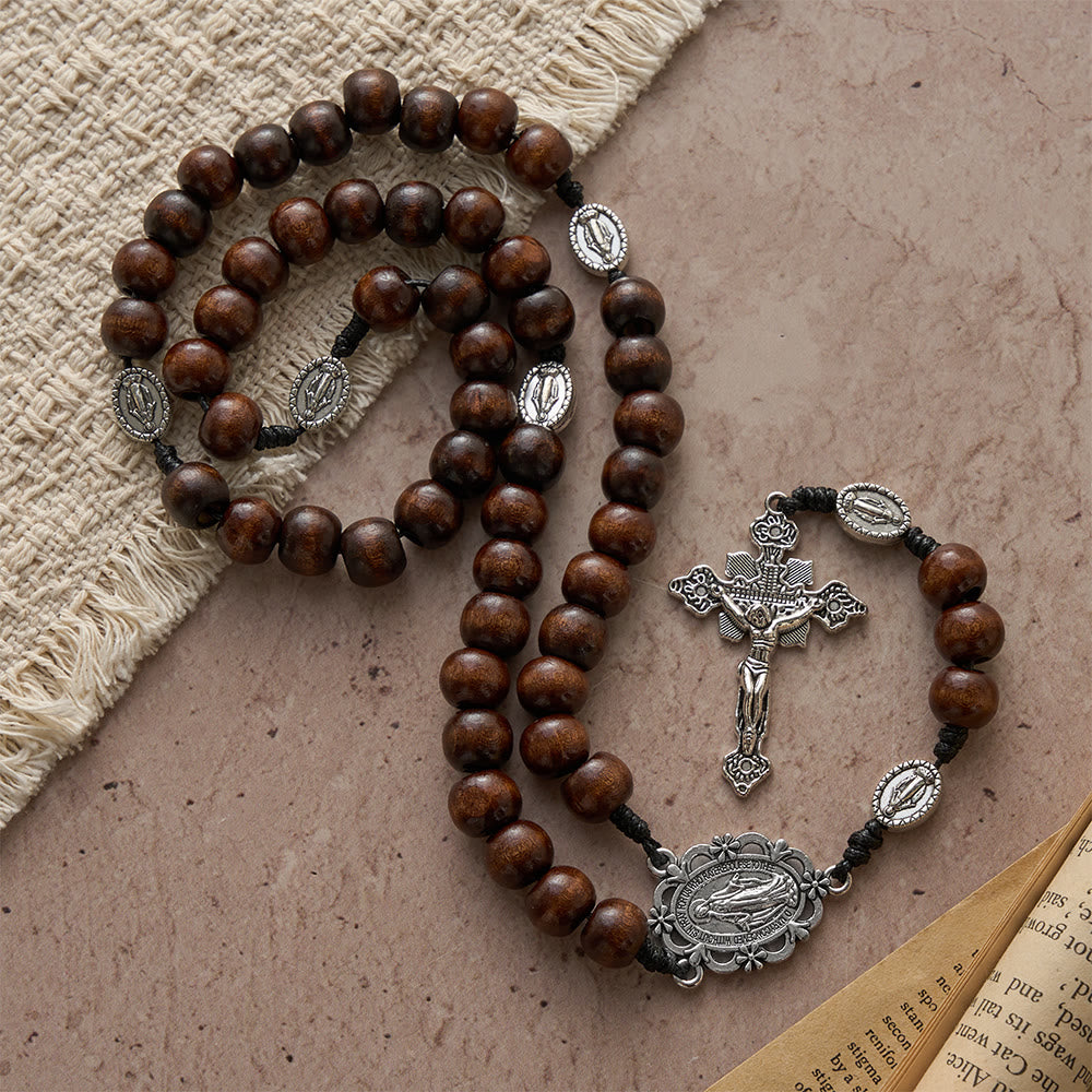Christianartworkshop Polished Natural Wood Bead Floral Frame Our Lady & Carved Crucifix Rosary - Our Lady & Crucifix - image 0