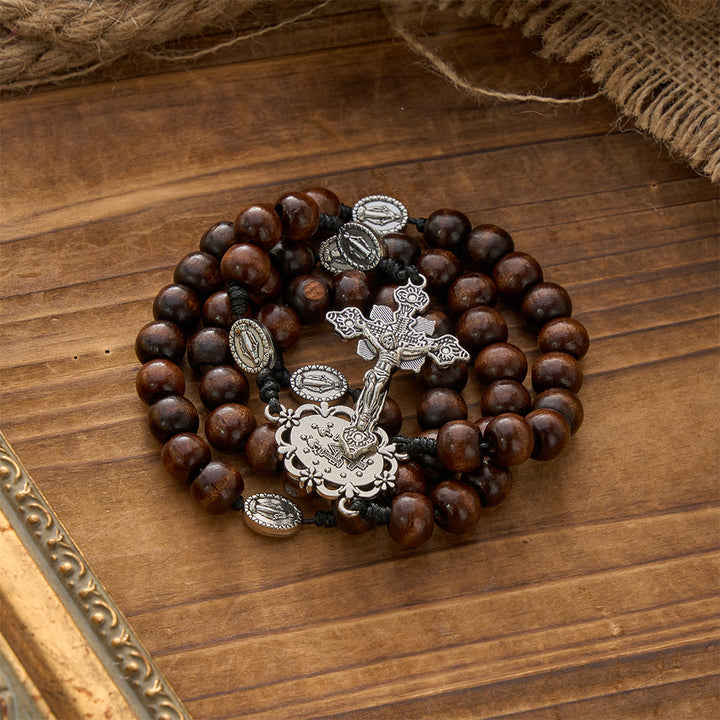 Christianartworkshop Polished Natural Wood Bead Floral Frame Our Lady & Carved Crucifix Rosary - image 4