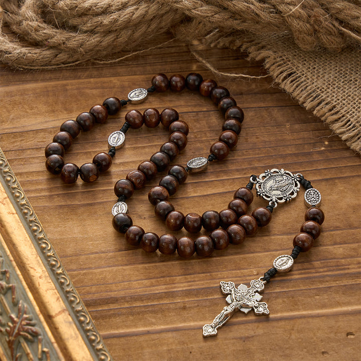 Christianartworkshop 5/15/20 Decade Polished Natural Wood Bead Floral Frame Our Lady & Carved Crucifix Rosary - image 9