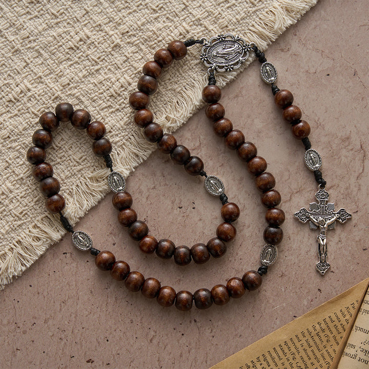 Christianartworkshop Polished Natural Wood Bead Floral Frame Our Lady & Carved Crucifix Rosary - image 2