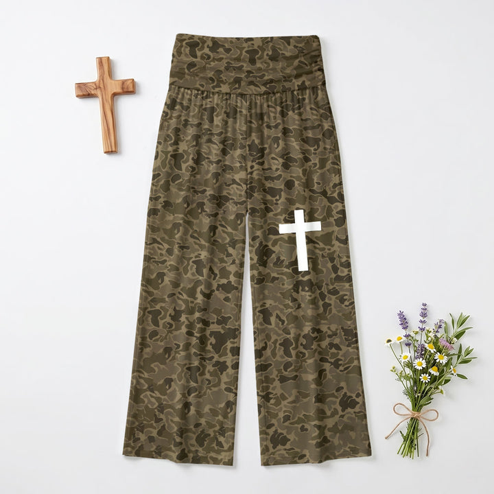 Christianartworkshop Earth Tone Camouflage Print Solid Vertical Cross Thigh Graphic High Waist Stretch Wide Leg Pants - image 2