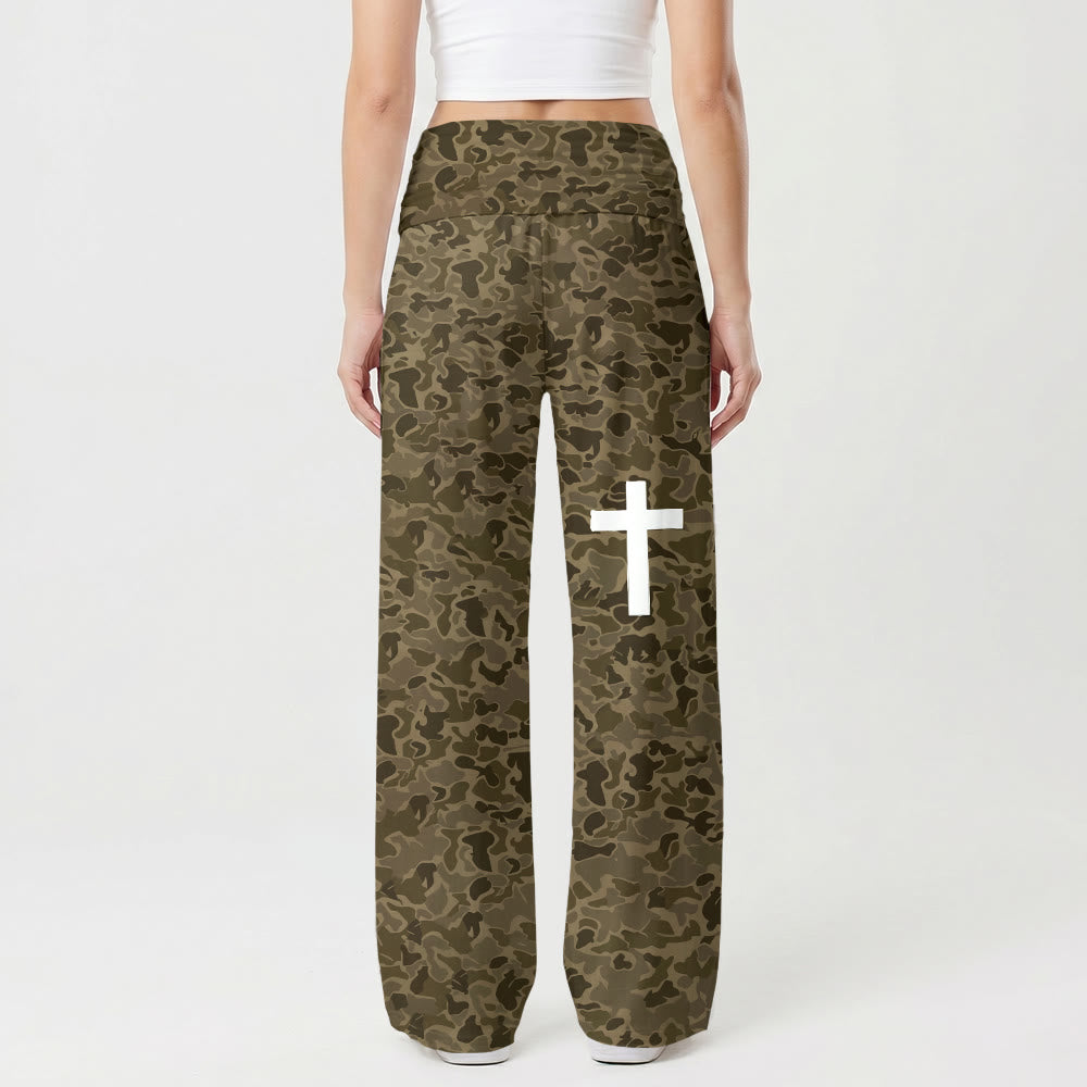 Christianartworkshop Earth Tone Camouflage Print Solid Vertical Cross Thigh Graphic High Waist Stretch Wide Leg Pants - image 1