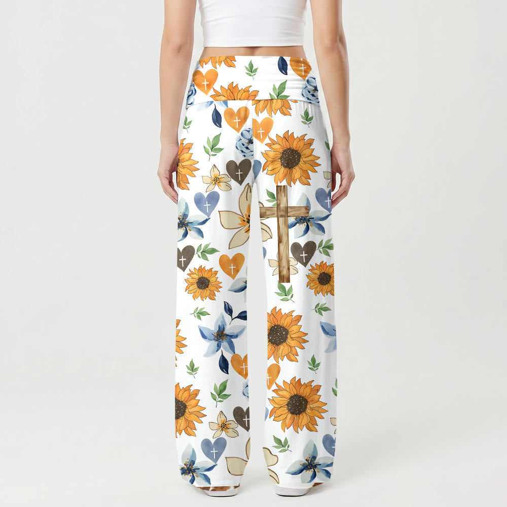 Christianartworkshop Sunflower Floral Heart Cross All Over Print High Waist Stretch Wide Leg Pants - image 1