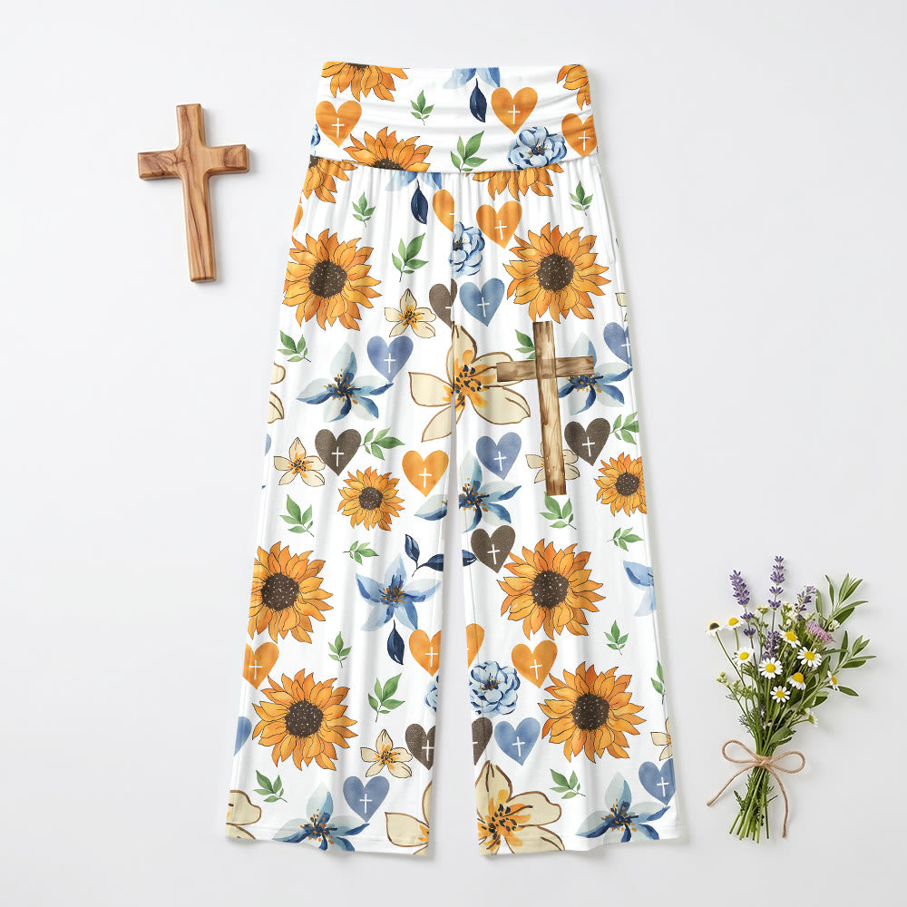 Christianartworkshop Sunflower Floral Heart Cross All Over Print High Waist Stretch Wide Leg Pants - image 2