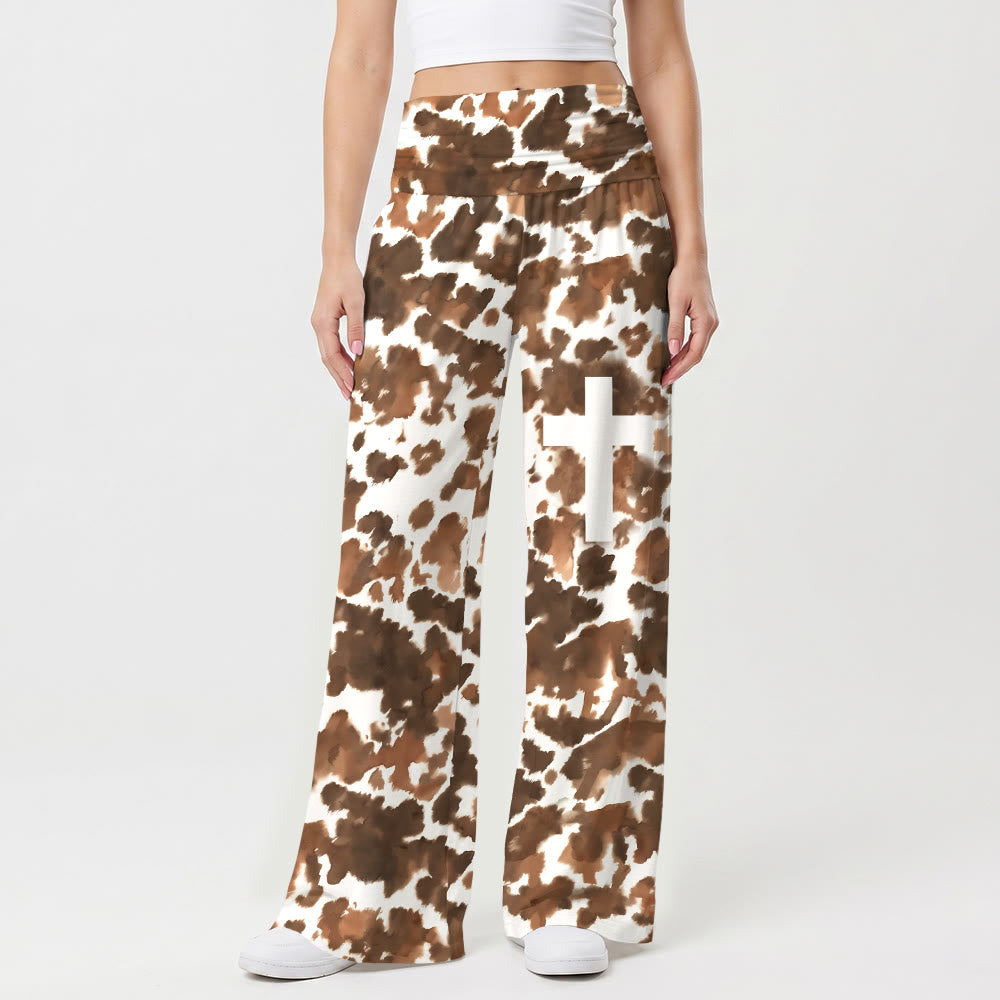 Christianartworkshop Cow Spot All Over Print Solid White Vertical Cross Thigh Graphic Fold Over High Waist Wide Leg Pants - US22,UK/AU26,EU54 - image 0