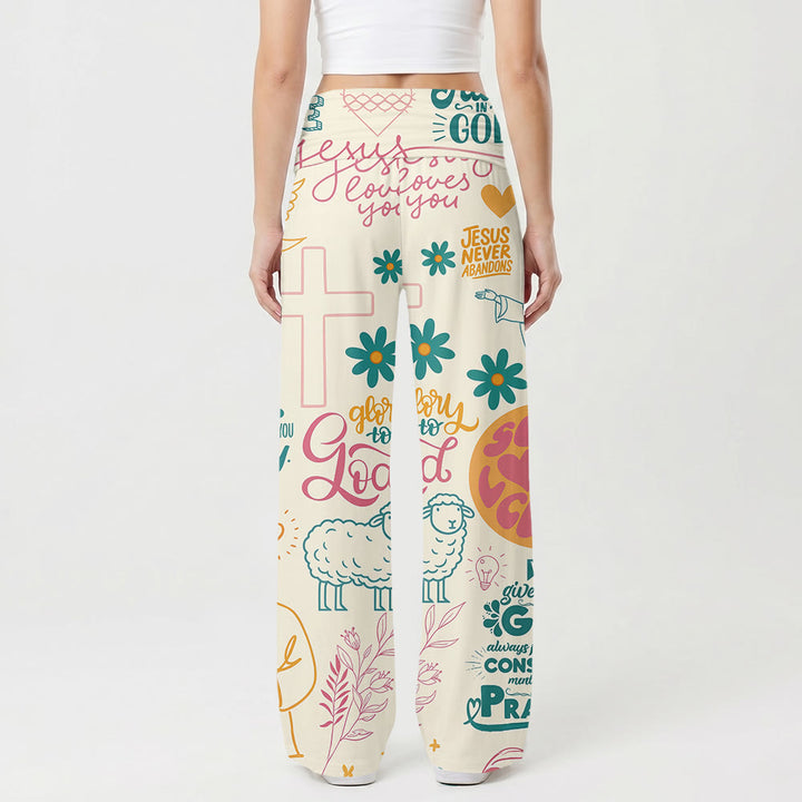 Christianartworkshop Faith Lettering Cross Figure Floral Element All Over Print Fold Over High Waist Wide Leg Pants - image 1