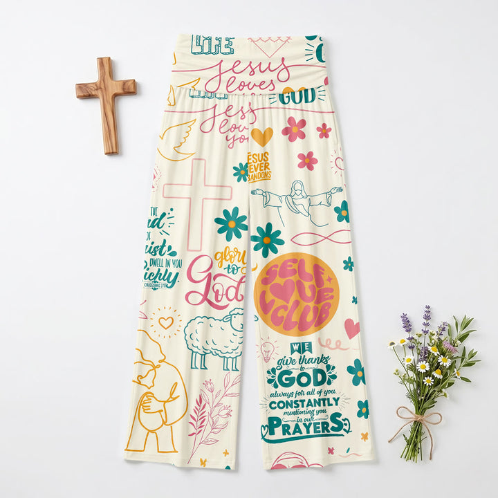 Christianartworkshop Faith Lettering Cross Figure Floral Element All Over Print Fold Over High Waist Wide Leg Pants - image 2